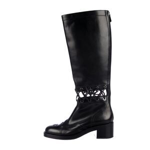 Chanel Knee High Boots Cap Toe Black Leather Lace Up Cutout